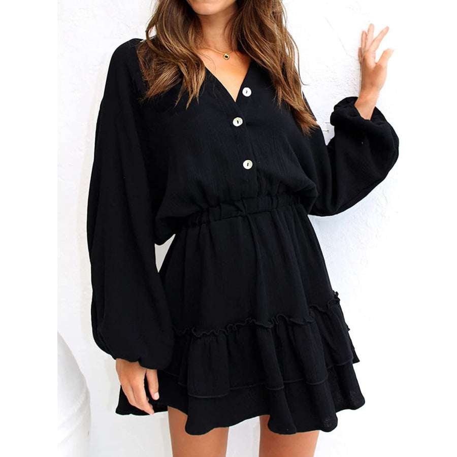 Ruffled Notched Balloon Sleeve Mini Dress Apparel and Accessories