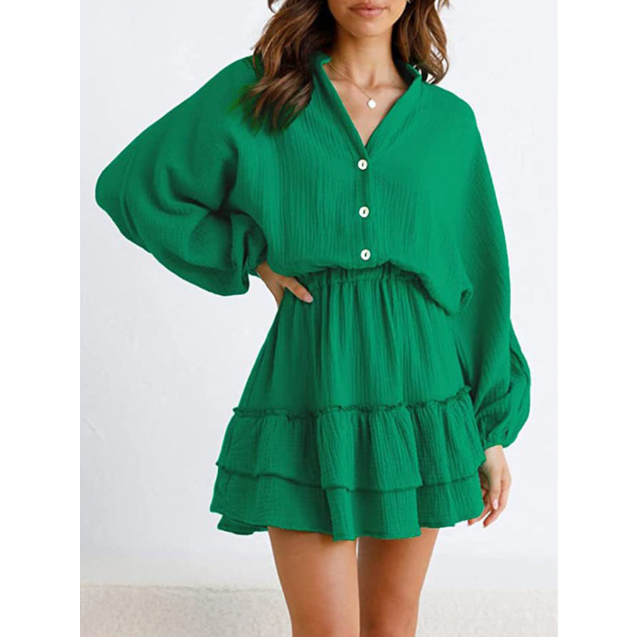 Ruffled Notched Balloon Sleeve Mini Dress Apparel and Accessories