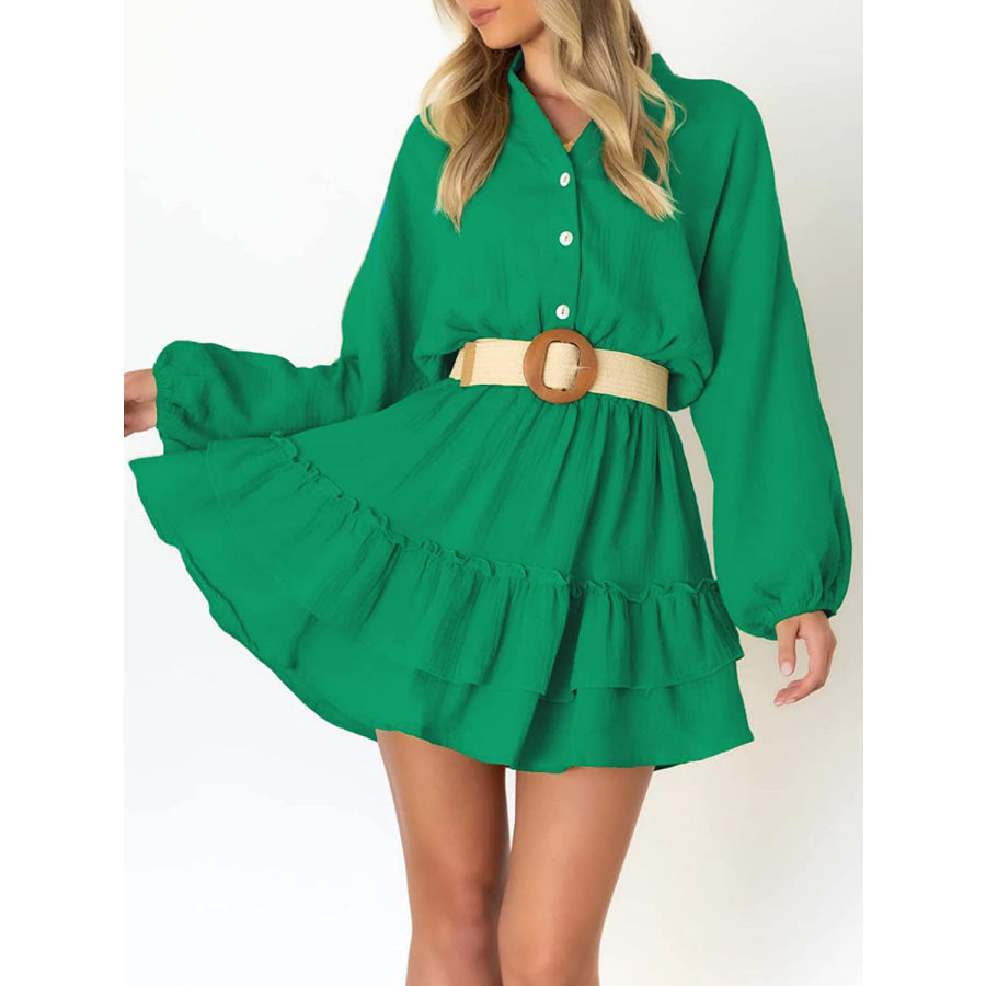 Ruffled Notched Balloon Sleeve Mini Dress Apparel and Accessories