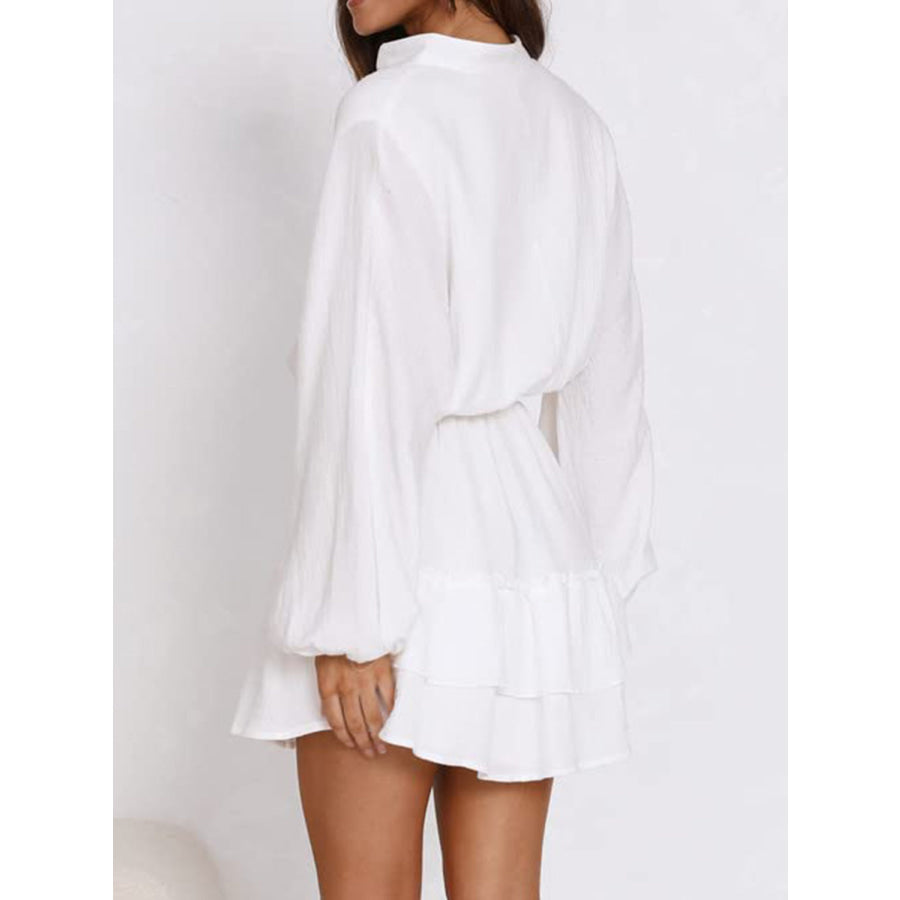 Ruffled Notched Balloon Sleeve Mini Dress White / S Apparel and Accessories