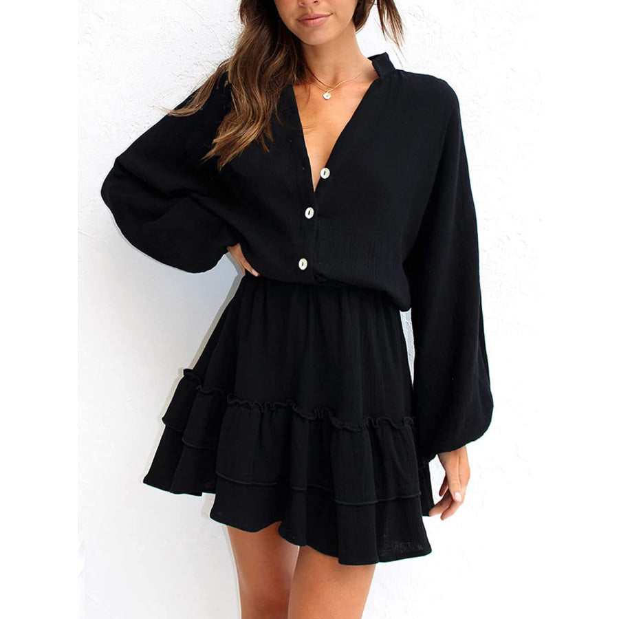 Ruffled Notched Balloon Sleeve Mini Dress Apparel and Accessories