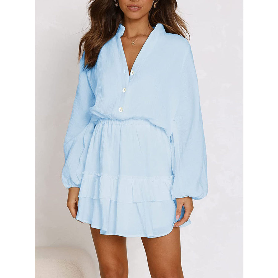 Ruffled Notched Balloon Sleeve Mini Dress Apparel and Accessories