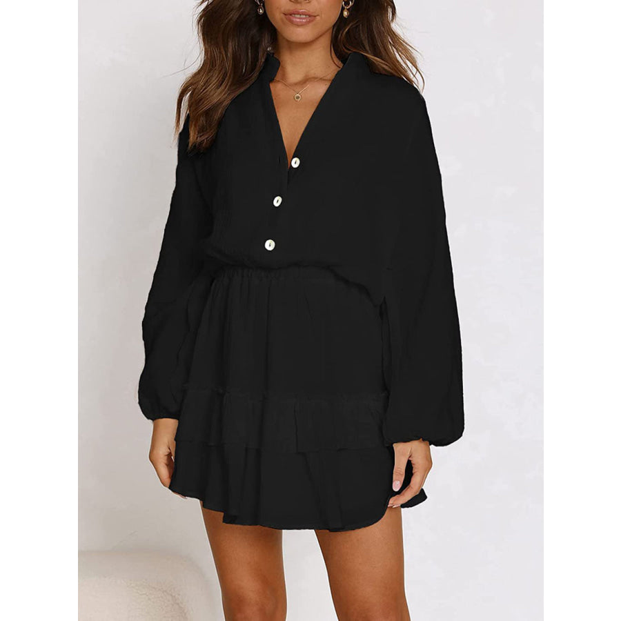 Ruffled Notched Balloon Sleeve Mini Dress Apparel and Accessories