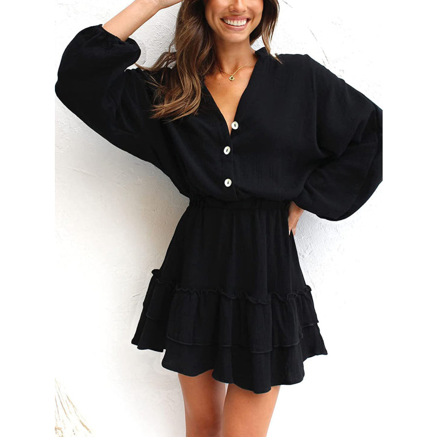 Ruffled Notched Balloon Sleeve Mini Dress Black / S Apparel and Accessories