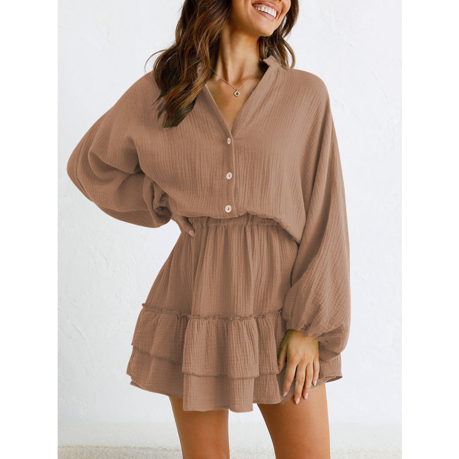 Ruffled Notched Balloon Sleeve Mini Dress Camel / S Apparel and Accessories