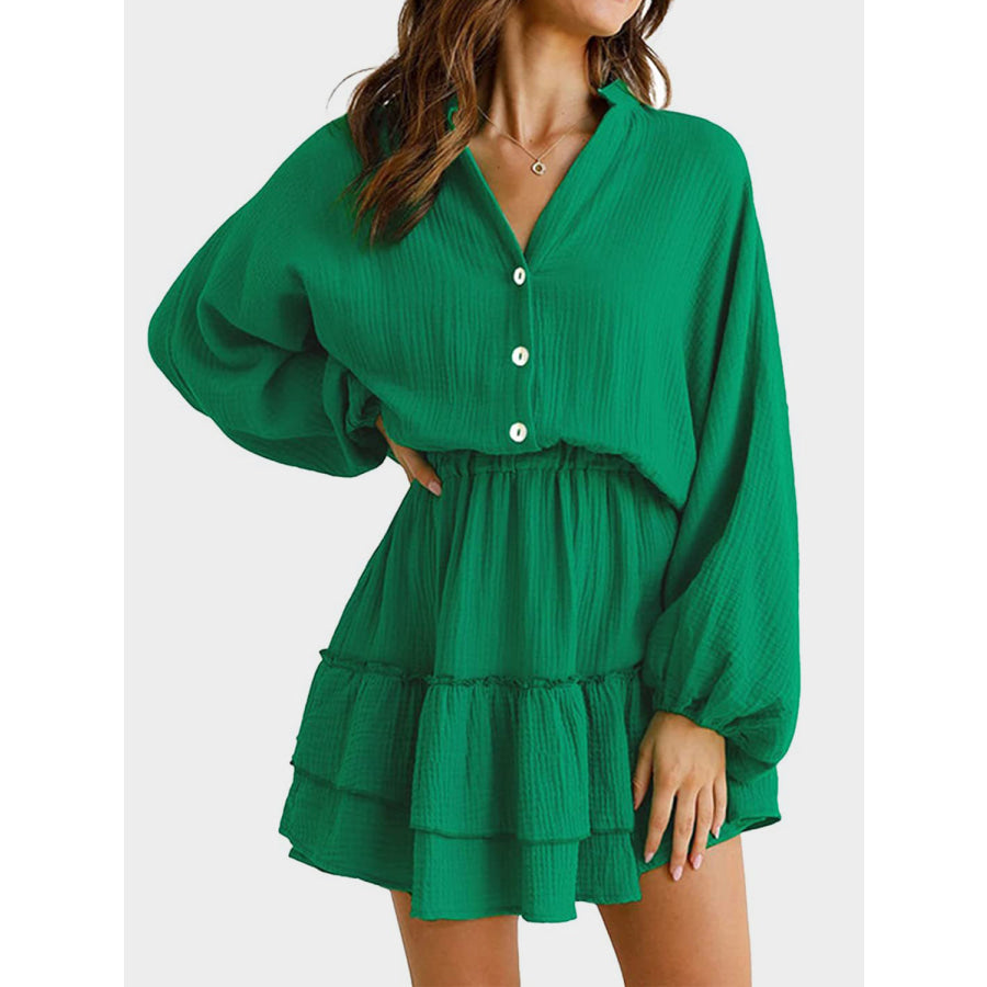 Ruffled Notched Balloon Sleeve Mini Dress Dark Green / S Apparel and Accessories