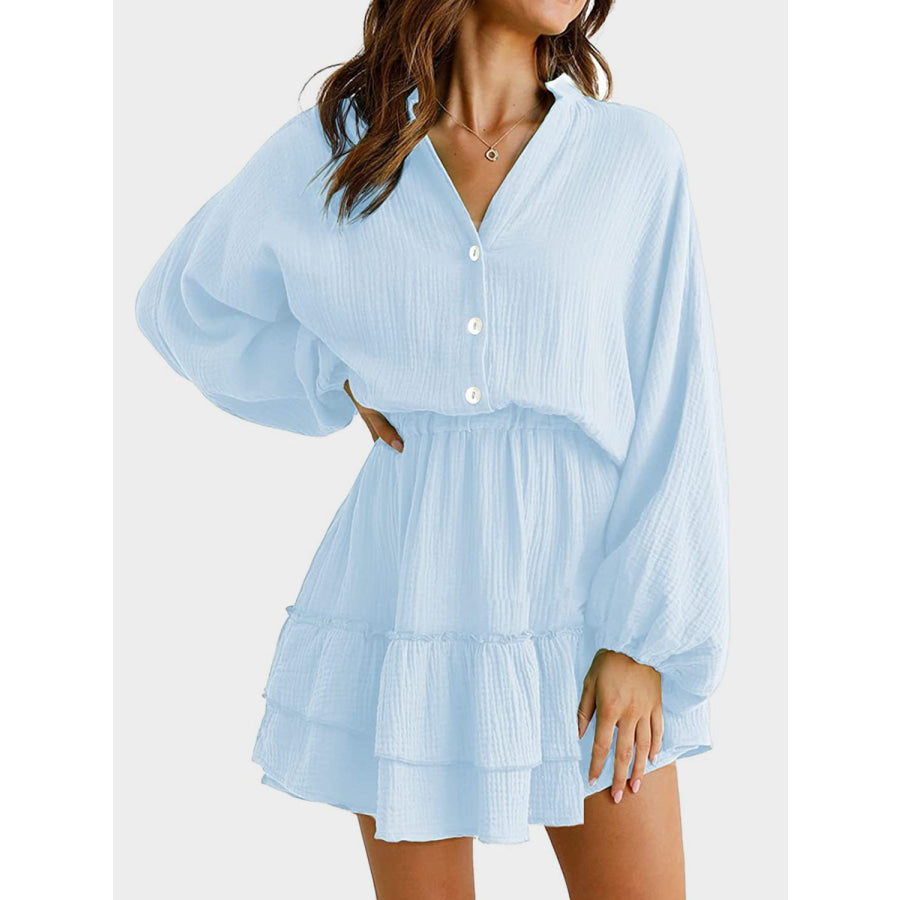 Ruffled Notched Balloon Sleeve Mini Dress Light Blue / S Apparel and Accessories