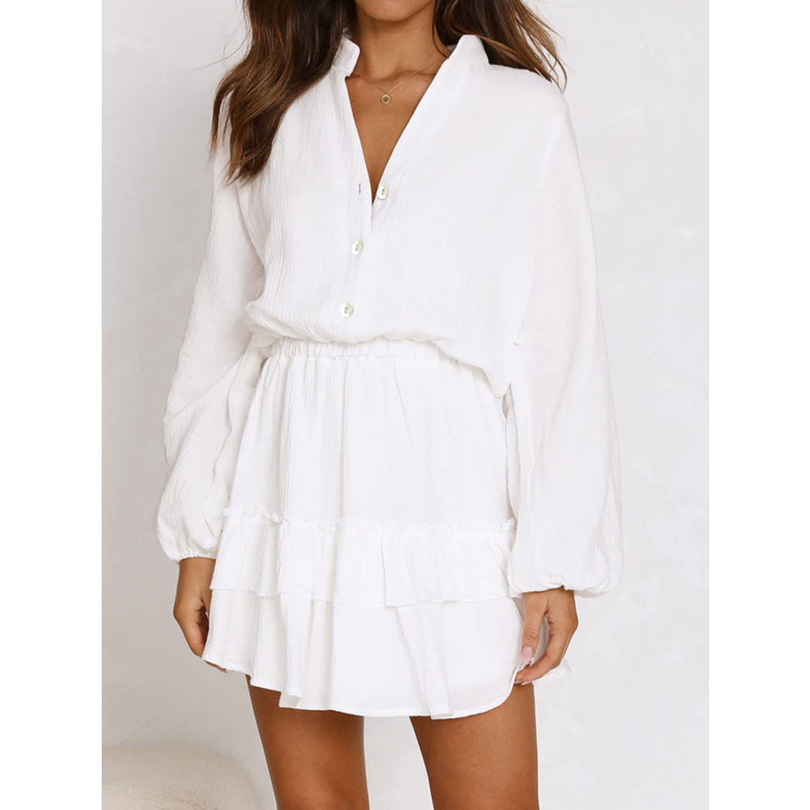 Ruffled Notched Balloon Sleeve Mini Dress White / S Apparel and Accessories