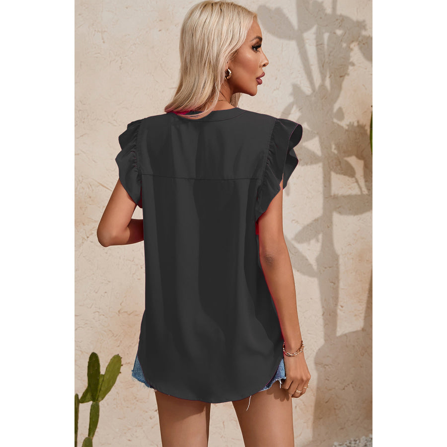 Ruffled Notched Cap Sleeve Blouse Apparel and Accessories