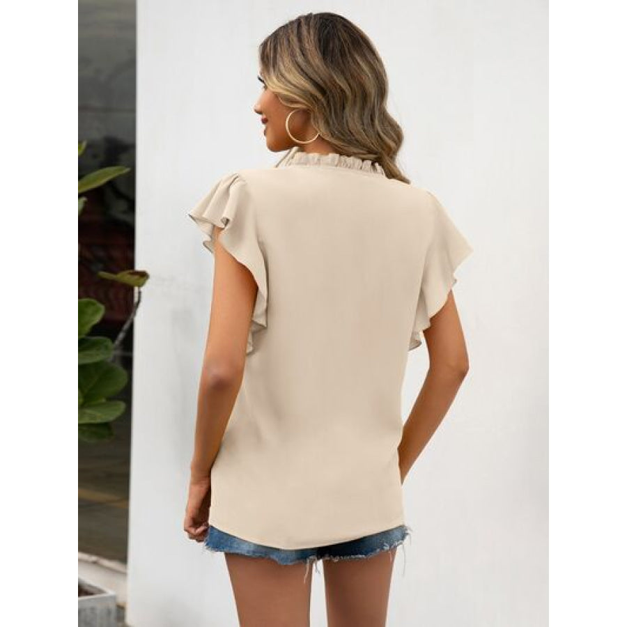 Ruffled Notched Cap Sleeve Blouse Apparel and Accessories