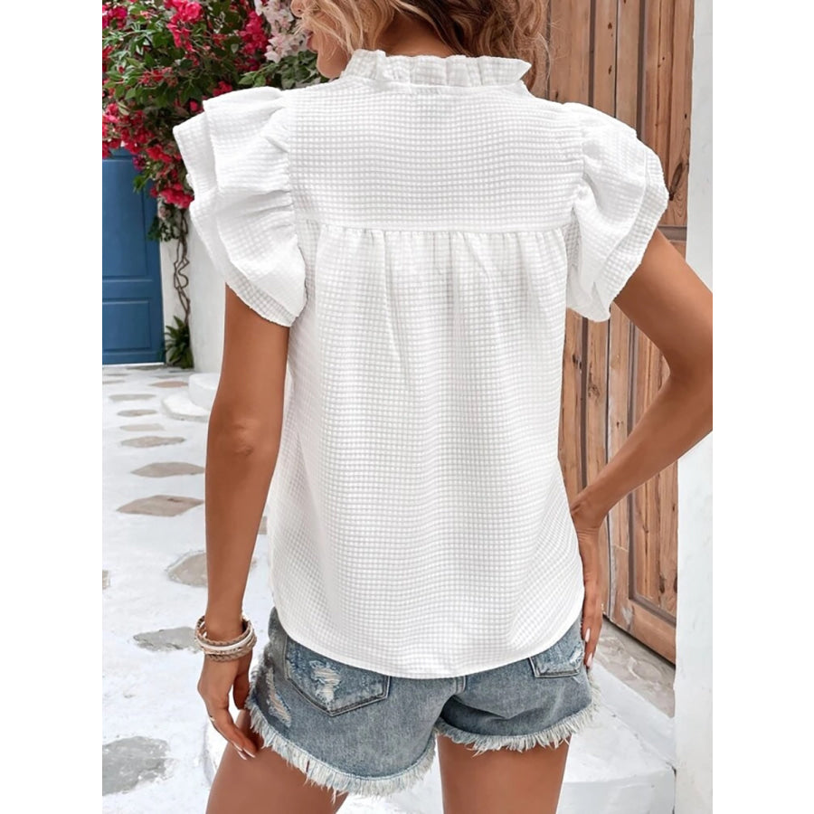 Ruffled Notched Cap Sleeve Blouse Apparel and Accessories