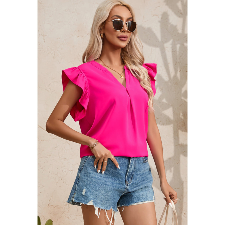 Ruffled Notched Cap Sleeve Blouse Apparel and Accessories