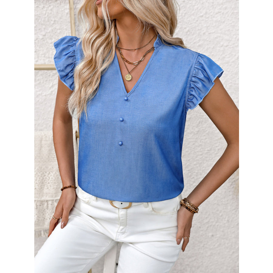 Ruffled Notched Cap Sleeve Blouse Apparel and Accessories