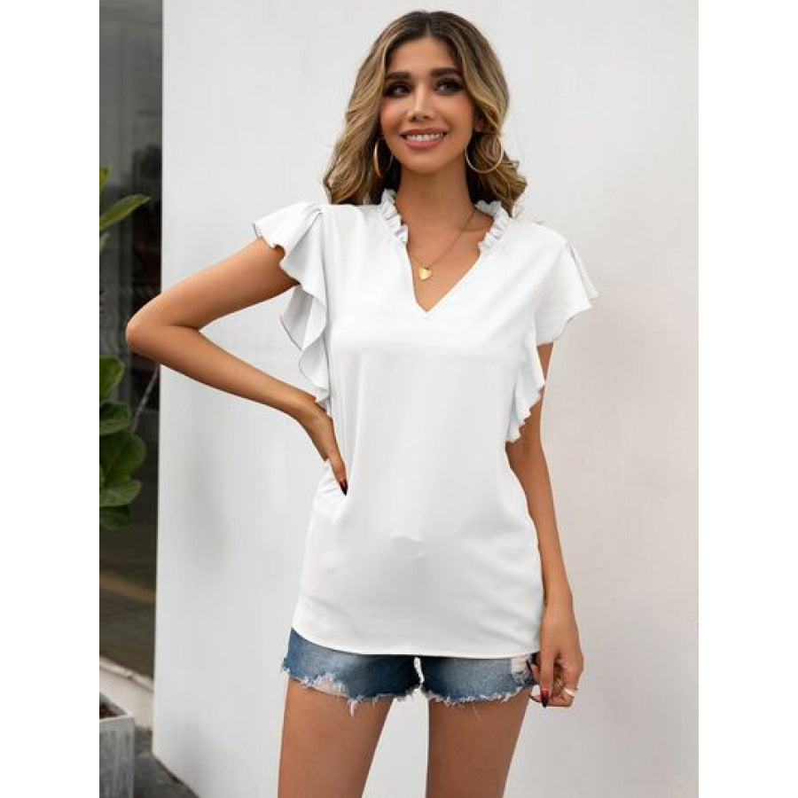 Ruffled Notched Cap Sleeve Blouse Apparel and Accessories