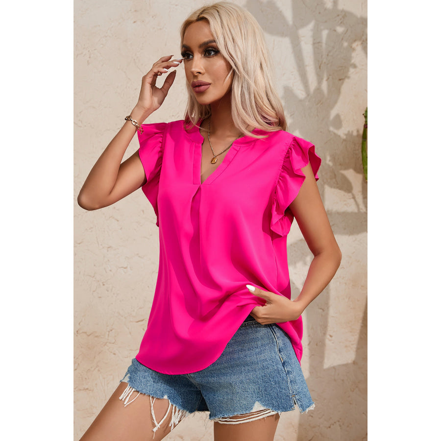 Ruffled Notched Cap Sleeve Blouse Apparel and Accessories