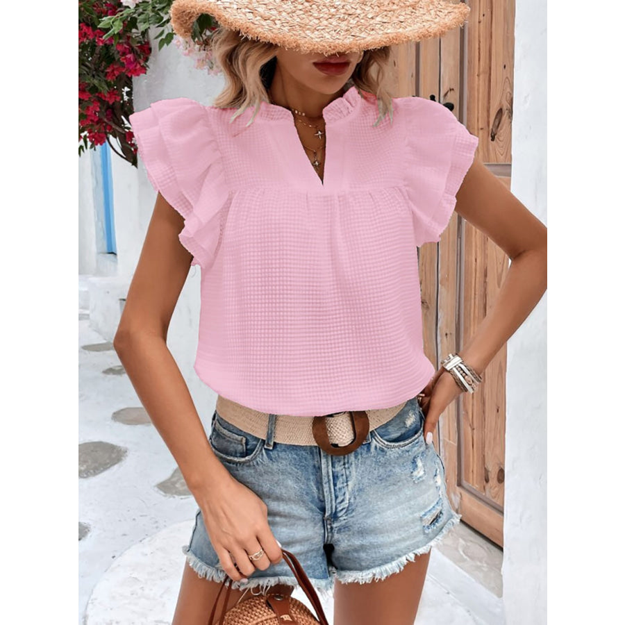 Ruffled Notched Cap Sleeve Blouse Apparel and Accessories