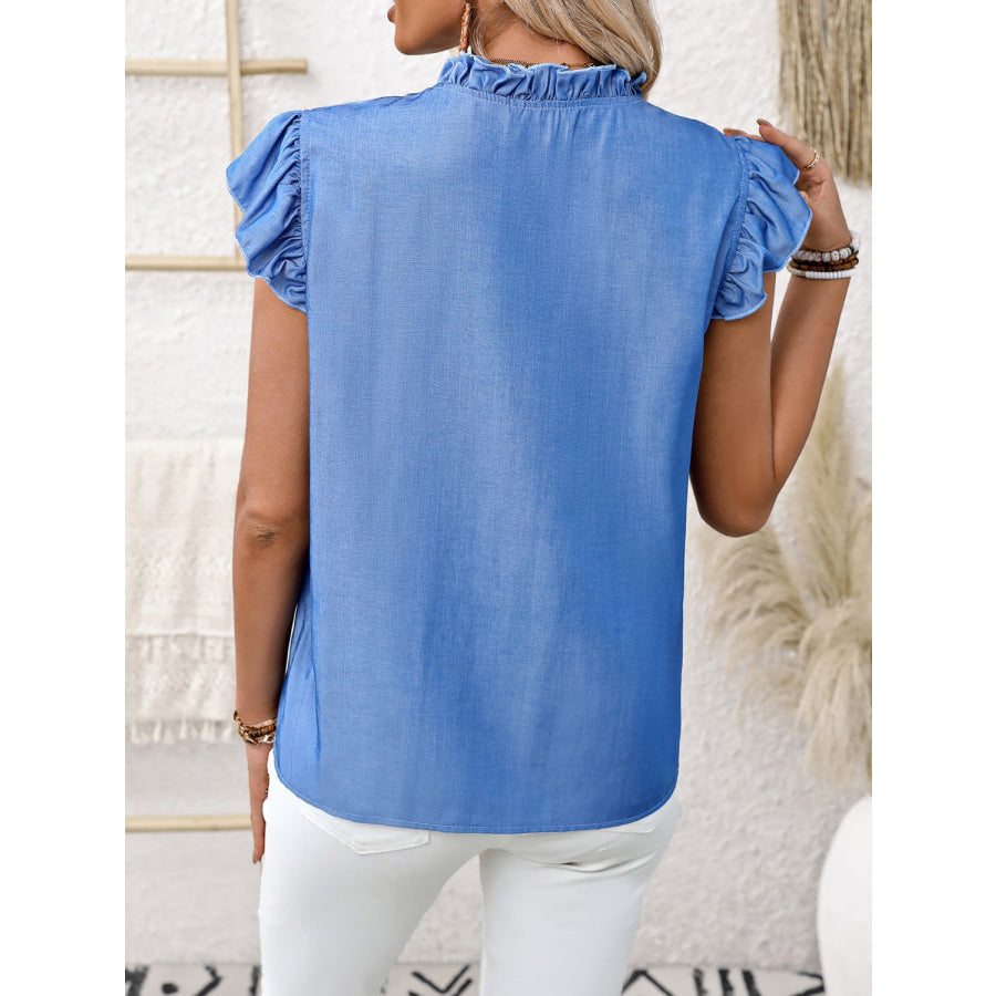 Ruffled Notched Cap Sleeve Blouse Apparel and Accessories