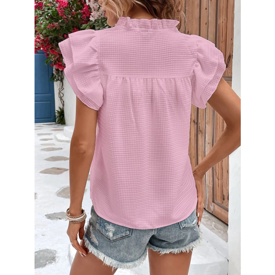 Ruffled Notched Cap Sleeve Blouse Apparel and Accessories