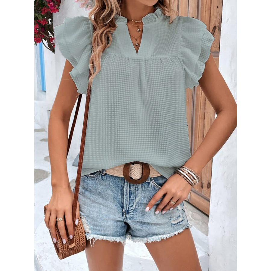 Ruffled Notched Cap Sleeve Blouse Apparel and Accessories