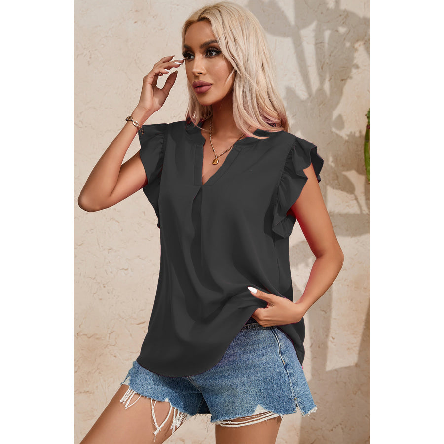 Ruffled Notched Cap Sleeve Blouse Apparel and Accessories