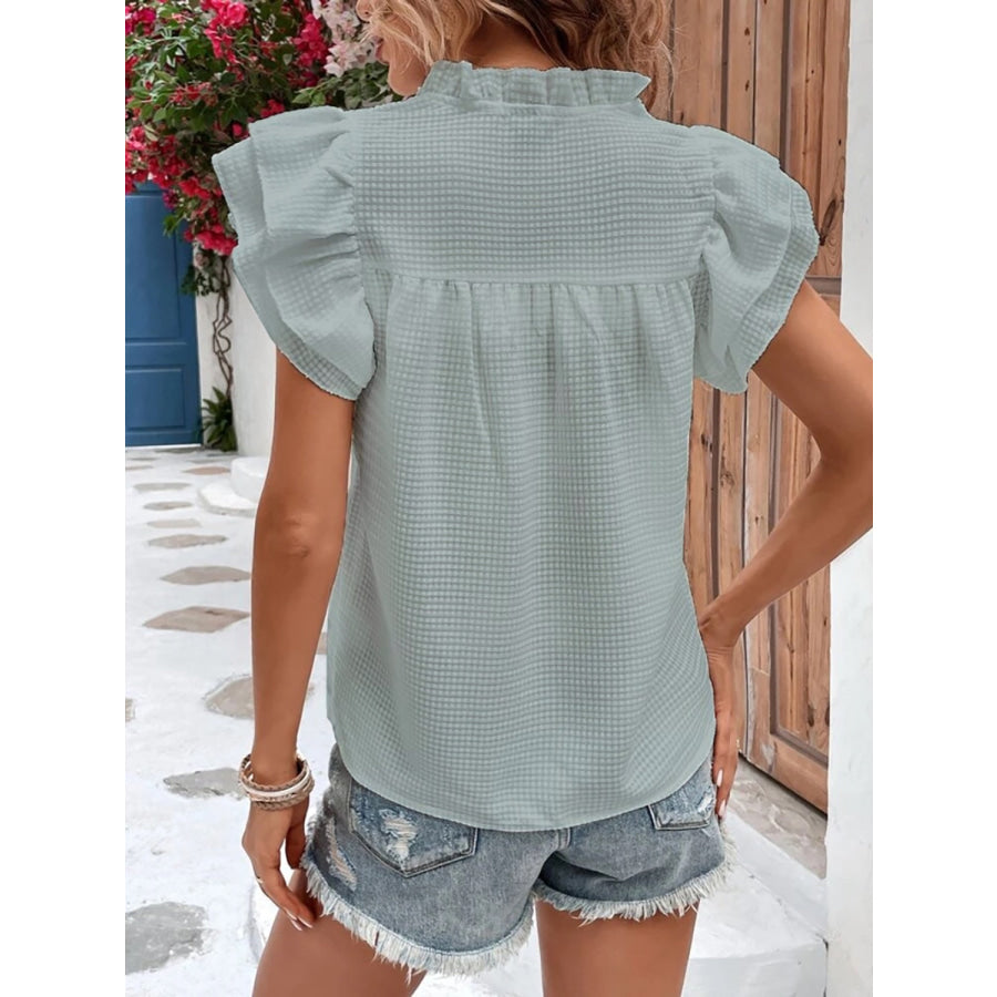 Ruffled Notched Cap Sleeve Blouse Apparel and Accessories