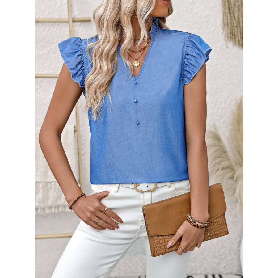 Ruffled Notched Cap Sleeve Blouse Apparel and Accessories