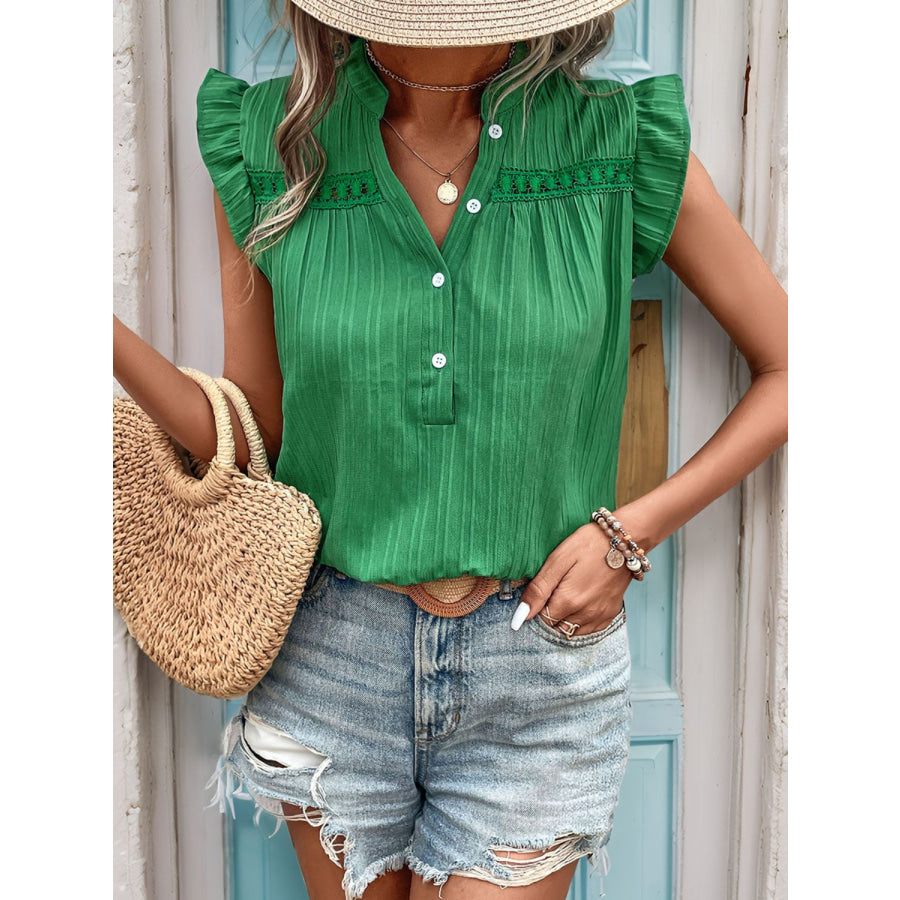 Ruffled Notched Cap Sleeve Blouse Apparel and Accessories