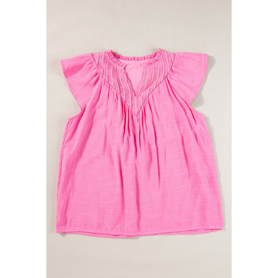Ruffled Notched Cap Sleeve Blouse Pink / S Apparel and Accessories