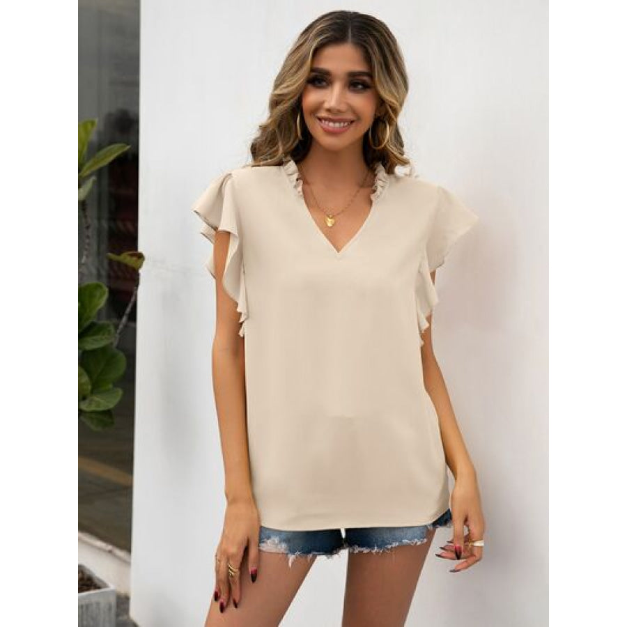 Ruffled Notched Cap Sleeve Blouse Apparel and Accessories