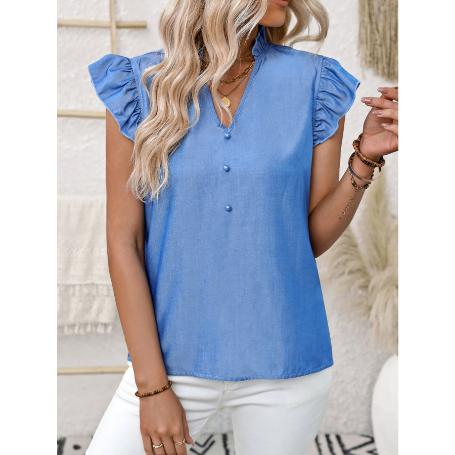 Ruffled Notched Cap Sleeve Blouse Apparel and Accessories