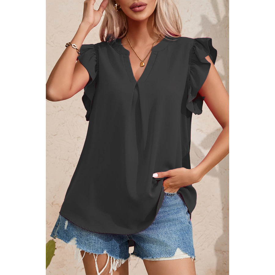 Ruffled Notched Cap Sleeve Blouse Black / S Apparel and Accessories