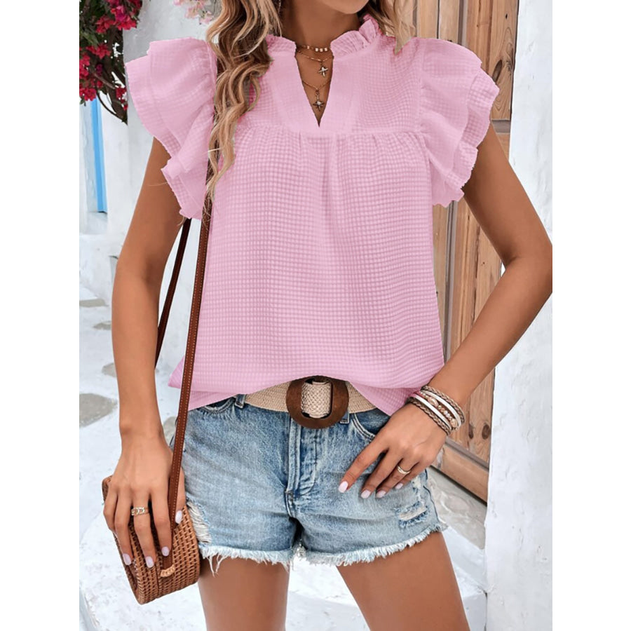 Ruffled Notched Cap Sleeve Blouse Carnation Pink / S Apparel and Accessories