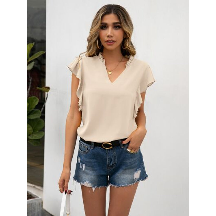 Ruffled Notched Cap Sleeve Blouse Cream / S Apparel and Accessories