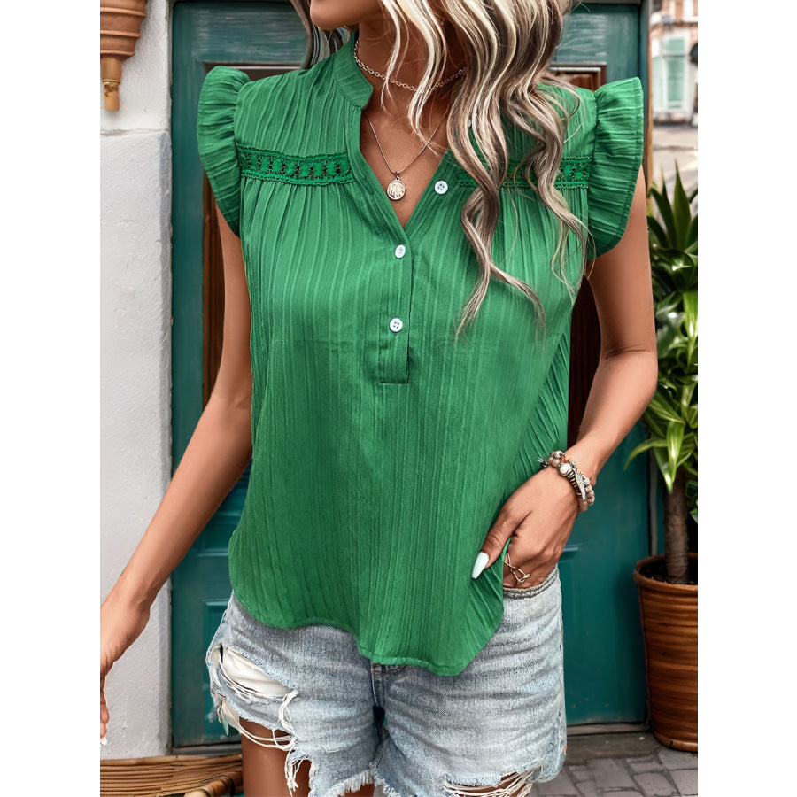 Ruffled Notched Cap Sleeve Blouse Green / S Apparel and Accessories