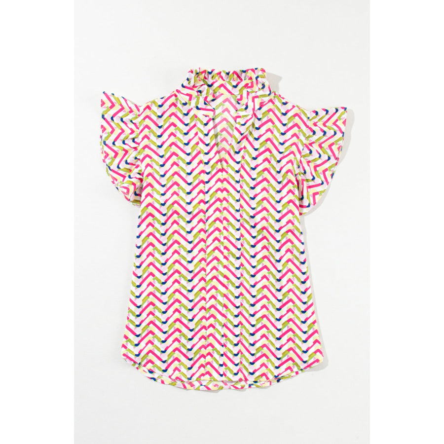 Ruffled Notched Cap Sleeve Blouse Hot Pink / S Apparel and Accessories