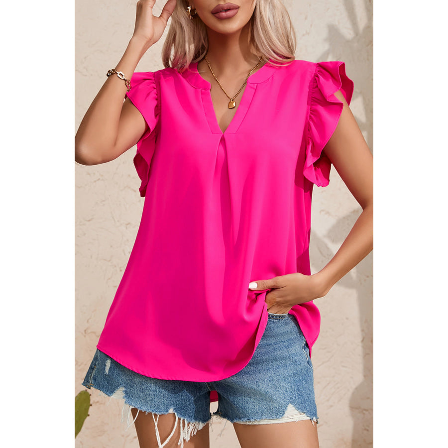 Ruffled Notched Cap Sleeve Blouse Hot Pink / S Apparel and Accessories