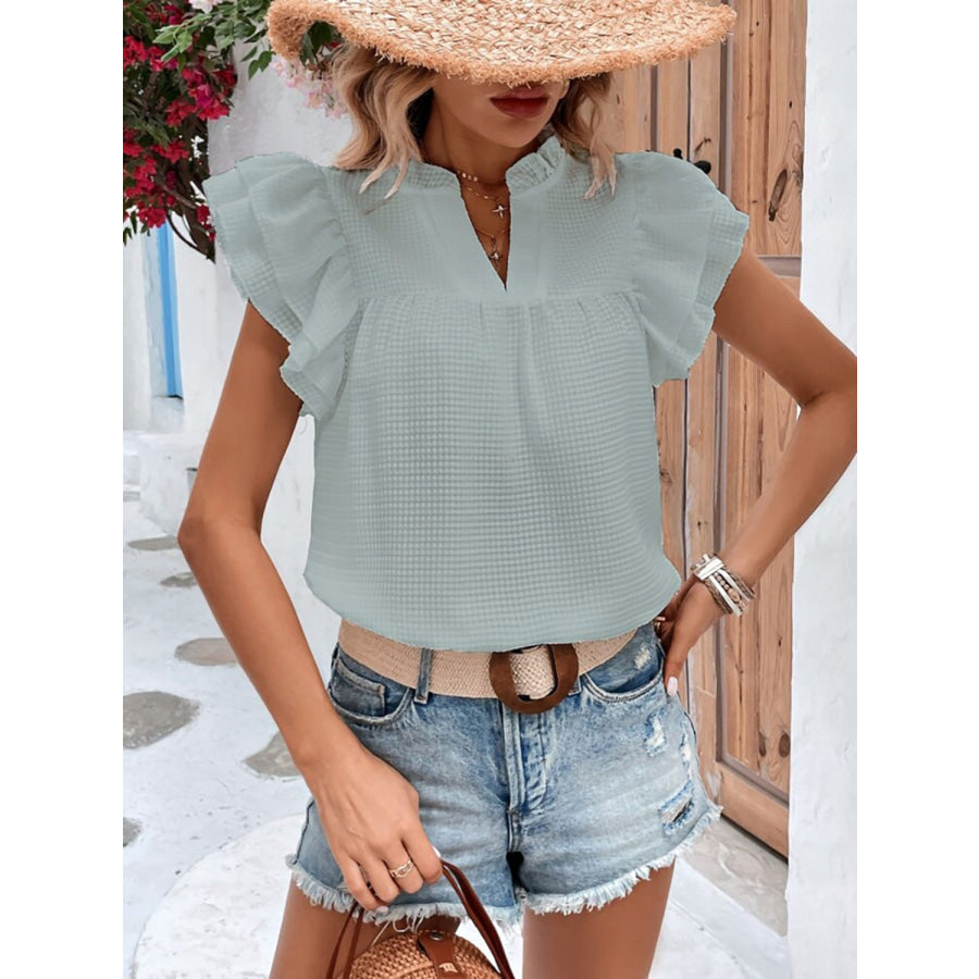 Ruffled Notched Cap Sleeve Blouse Sage / S Apparel and Accessories