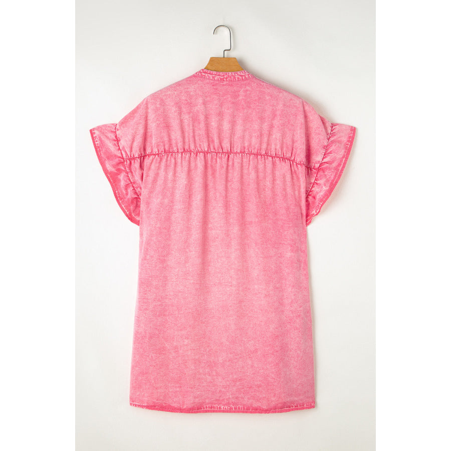 Ruffled Notched Cap Sleeve Denim Dress Pink / S Apparel and Accessories