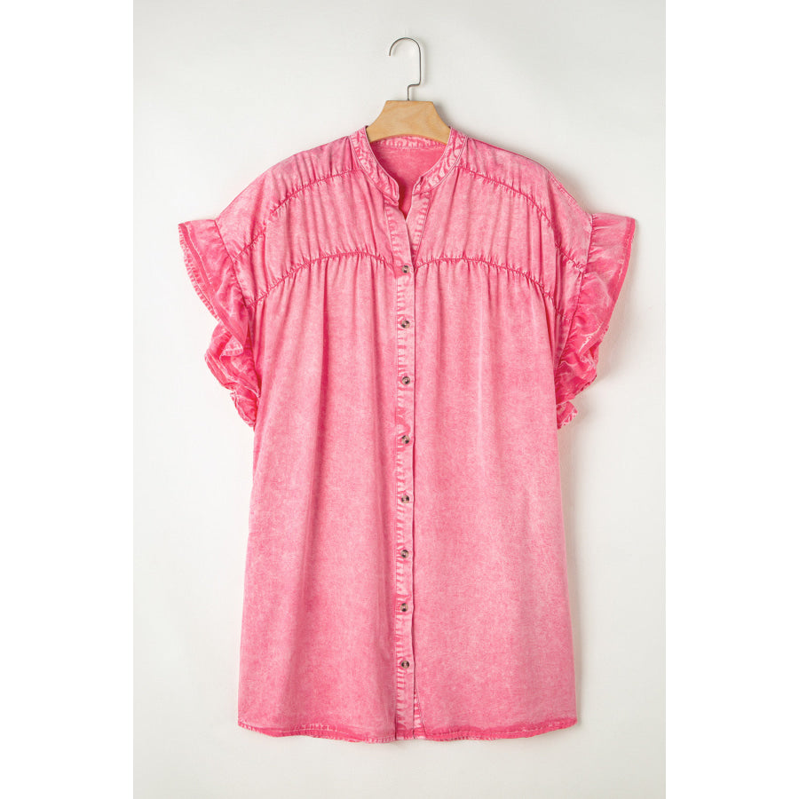 Ruffled Notched Cap Sleeve Denim Dress Pink / S Apparel and Accessories