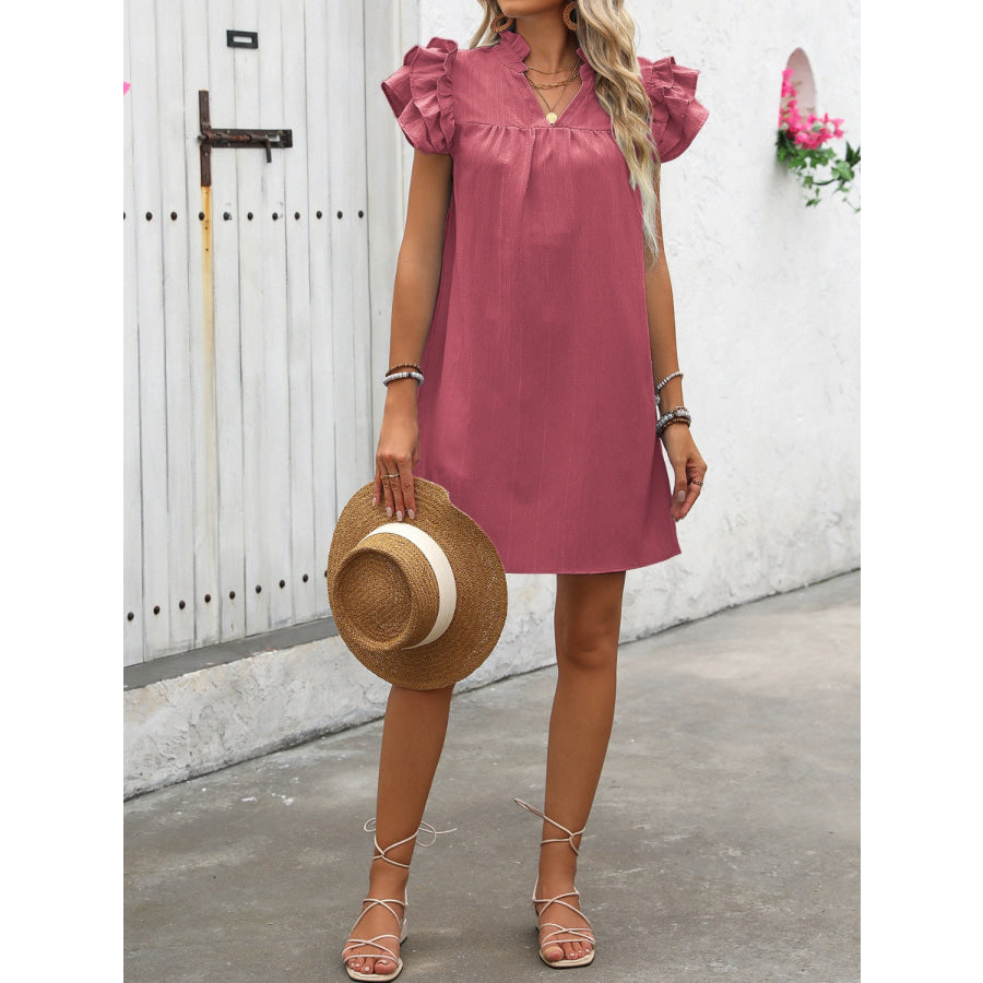 Ruffled Notched Cap Sleeve Mini Dress Apparel and Accessories