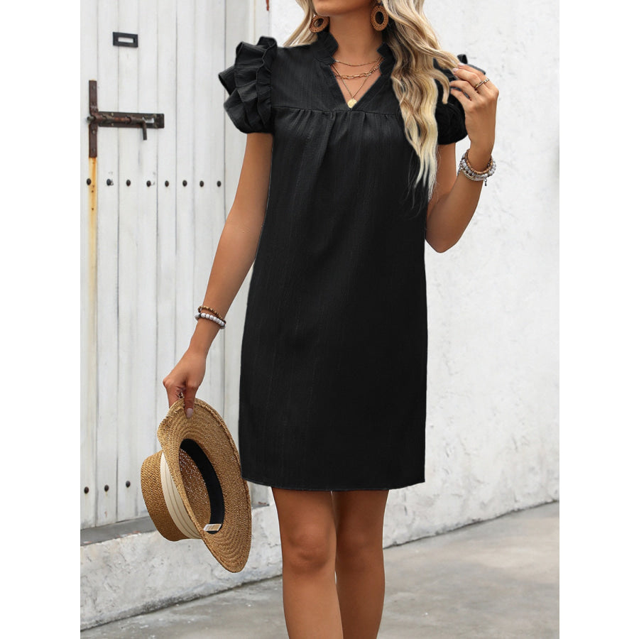 Ruffled Notched Cap Sleeve Mini Dress Apparel and Accessories