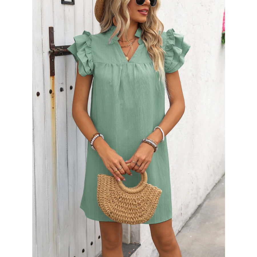 Ruffled Notched Cap Sleeve Mini Dress Apparel and Accessories