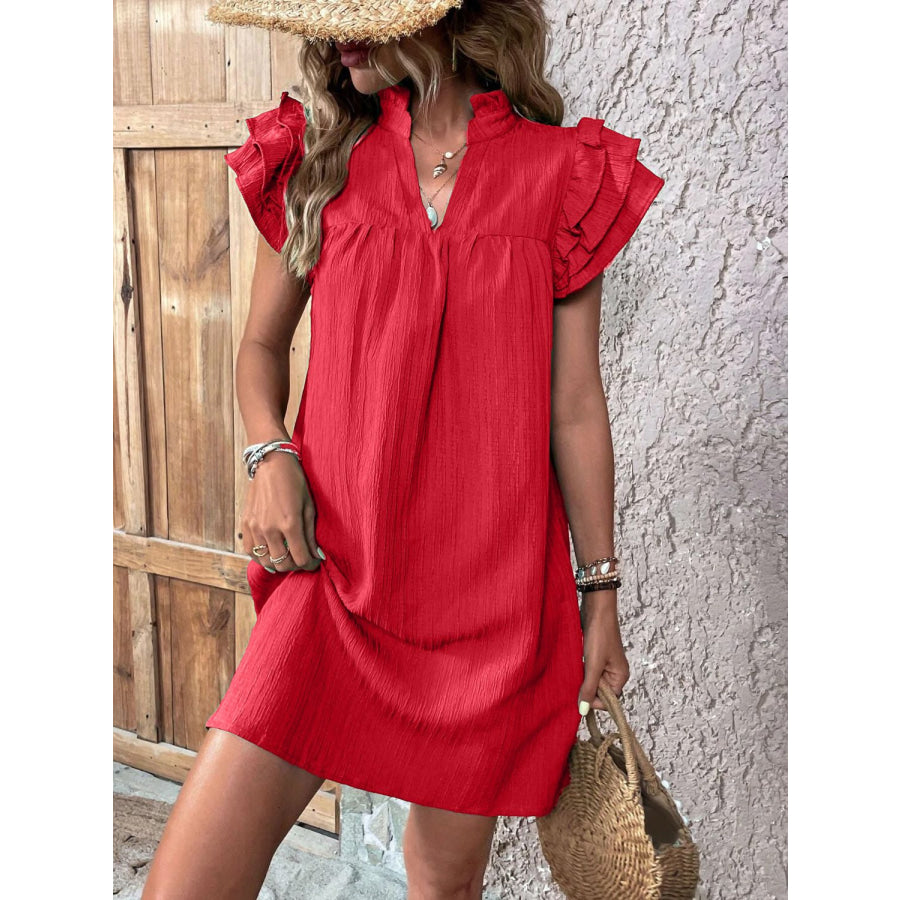 Ruffled Notched Cap Sleeve Mini Dress Apparel and Accessories