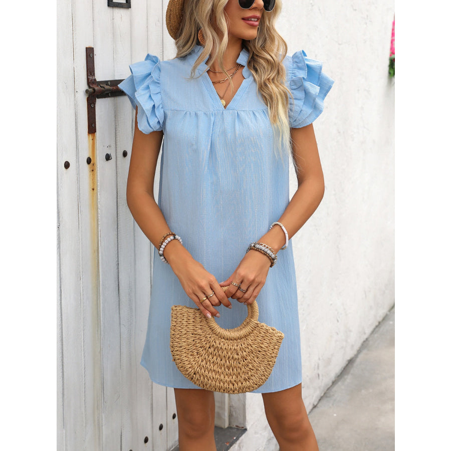 Ruffled Notched Cap Sleeve Mini Dress Apparel and Accessories