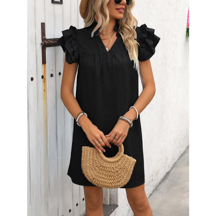 Ruffled Notched Cap Sleeve Mini Dress Apparel and Accessories