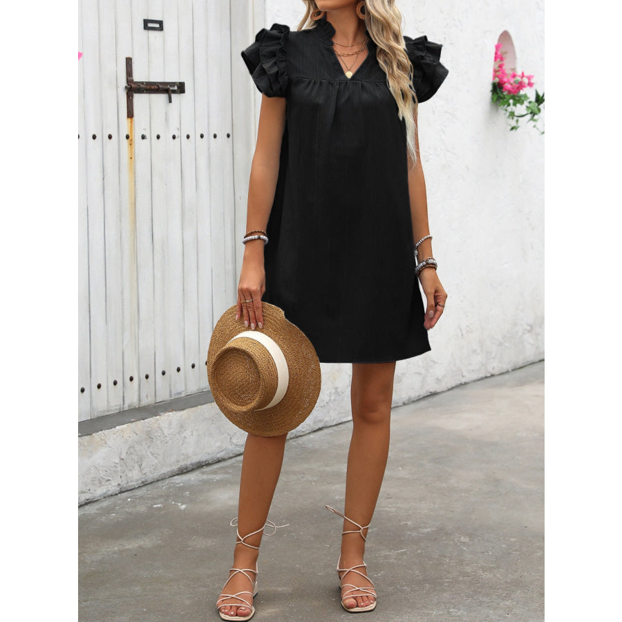 Ruffled Notched Cap Sleeve Mini Dress Apparel and Accessories