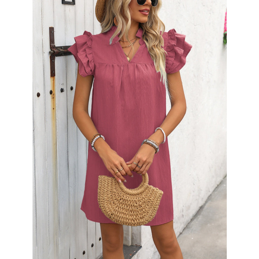 Ruffled Notched Cap Sleeve Mini Dress Apparel and Accessories