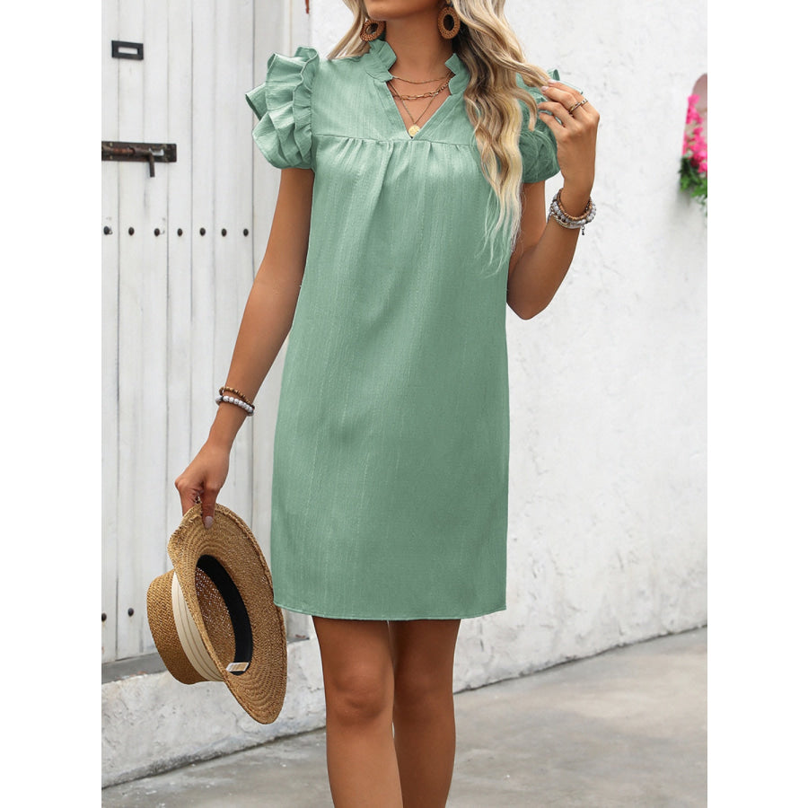 Ruffled Notched Cap Sleeve Mini Dress Apparel and Accessories