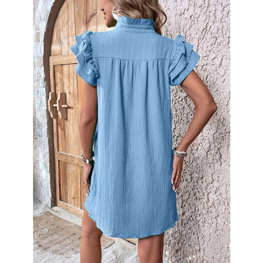 Ruffled Notched Cap Sleeve Mini Dress Light Blue / S Apparel and Accessories