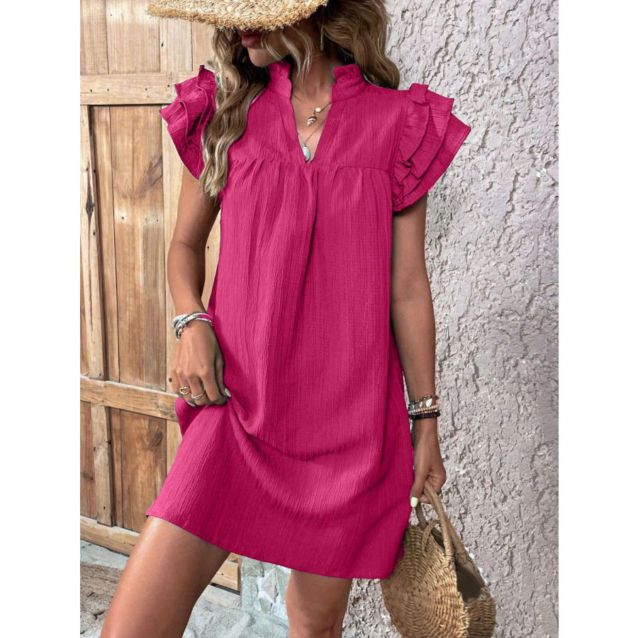 Ruffled Notched Cap Sleeve Mini Dress Apparel and Accessories